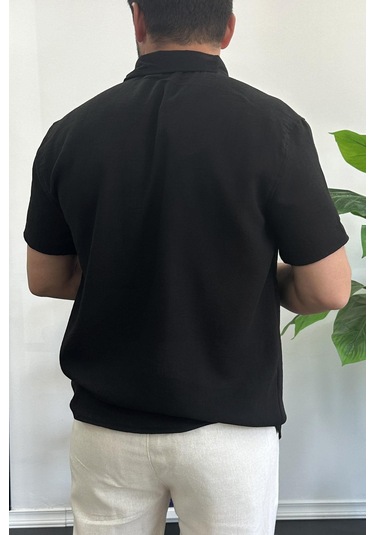 Erkek Kısa Kollu Keten Görünümlü Gömlek Siyah Edw389 Siyah