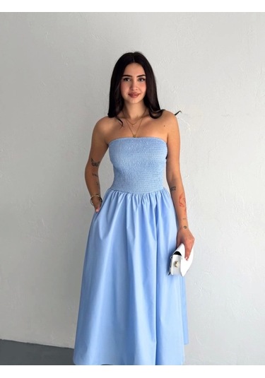 Straplez Pileli Elbise - Açık Mavi Açık Mavi
