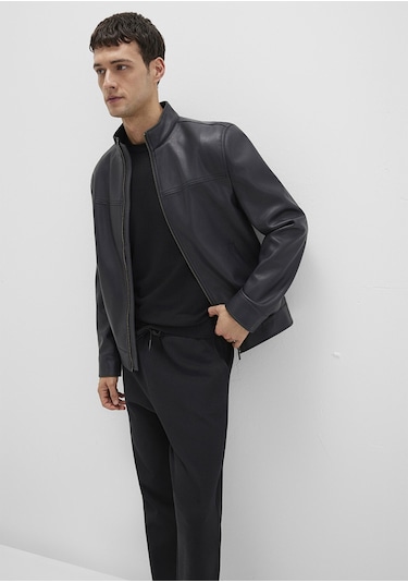 Mavi - Dik Yaka Siyah Suni Deri Ceket 0110634-71379 Siyah