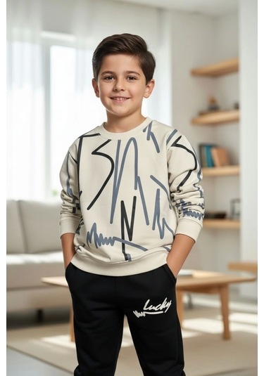 Çizgi Desenli Siyah Renk Erkek Çocuk Eşofman Takım Siyah