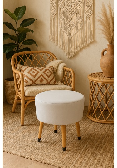Ustaagac Puf Koltuk Bench Tabure Beyaz - Ahşap Ayaklı Beyaz