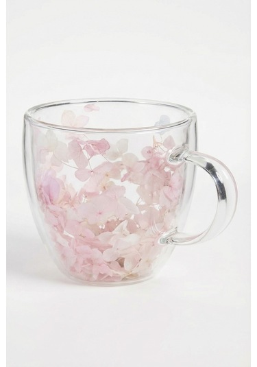 Makri Home Pembe Beyaz Çiçekli Çift Cidarlı Cam Kupa, 350 Ml, 11 Cm X 8 Cm Çok Renkli