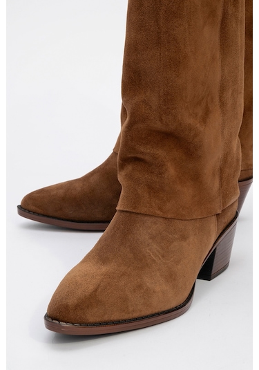 Sojo Taba Süet Hakiki Deri Kalın Topuklu Kısa Çizme TABA SÜET