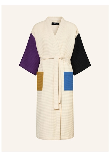 Unisex Kimono, Renk Bloklu, Şal Yakalı, %60 Pamuk, 125 Cm Uzunluk Siyah