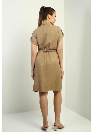 Kadın Torba Cepli Beli Kemerli Elbise-40411 Camel