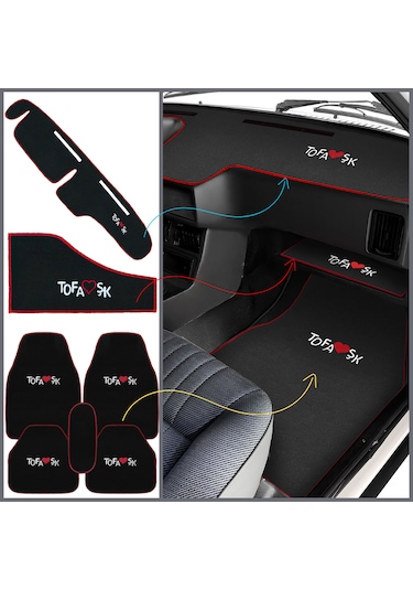 Tofaş Şahin Doğan Kartal Nakışlı Oto Halı Paspas Seti & Alçak Torpido Kaplama Halısı & Sehpa Örtüsü Siyah