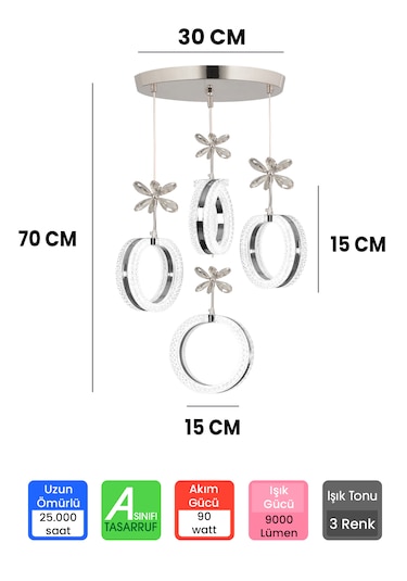 3 Renk Kumandalı Krom Kasa Yüzük Led Avize 4 Lü Modern Ledli Aviz