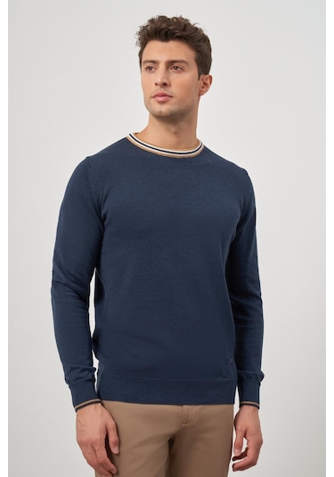 İndigo Mavi Uzun Kol Düz Örme Bisiklet Yaka Classic Slim Fit Triko 1012245108 İndigo Mavi