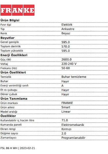 Franke Smart Linear FSL 86 H WH 71 LT Ankastre Fırın