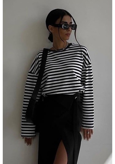 Siyah Çizgili Sweatshirt Mg2572 Siyah