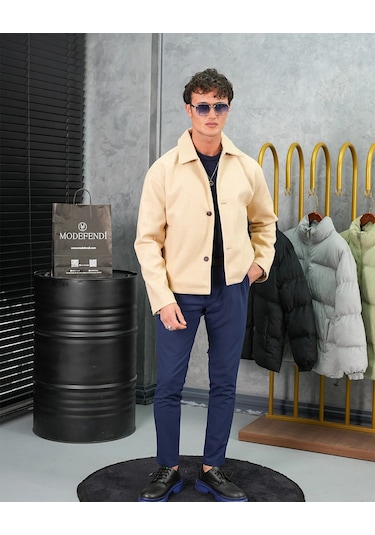 Modefendi Orta Slim Fit Düğme Detaylı Kaşmir Kaban Bej