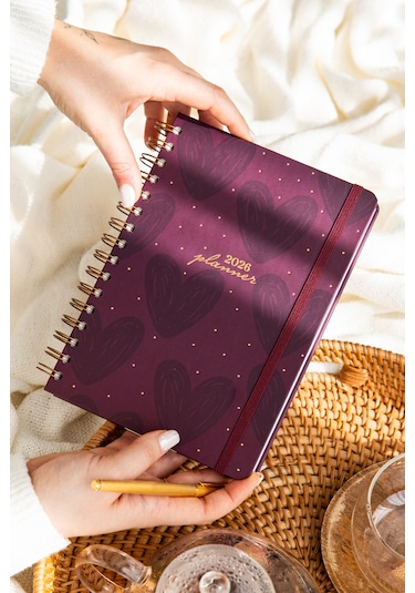 2026 A5 Spiralli Haftalık Ajanda 12 Aylık - Bordo Kalp Bordo Kalp