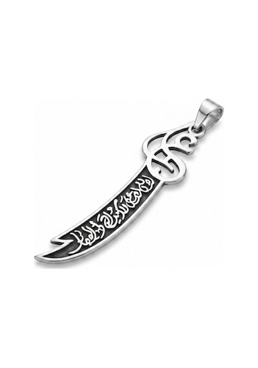Oya Silver İri Hat İşlemeli Hz. Ali Zülfikar Gümüş Kolye Ucu 8x1.7cm Oyot321