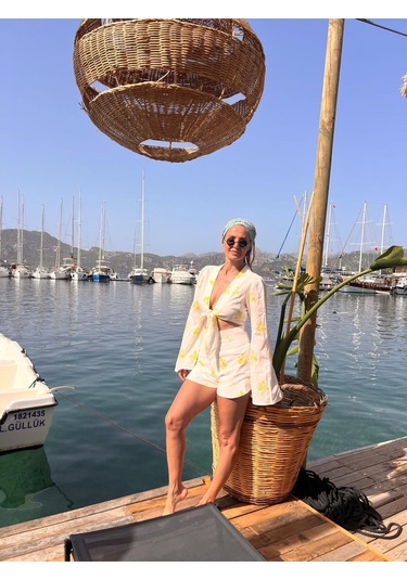 Kadın Çiçek Desenli Keten Şort-bluz Takım - Özel Tasarım Beyaz