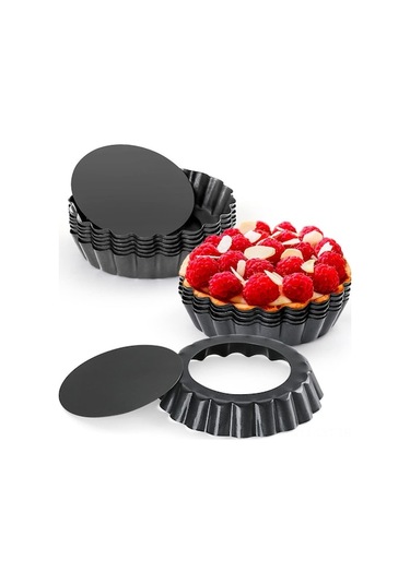 12 Adet 10cm Siyah Teflon Kaplı Karbon Çelik Canlı Tabanlı Pasta Tart Kalıbı - Hamur İçin Pratik Demold Ve Fırında Hızlı Isı Alma Siyah Siyah