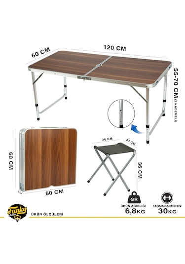 Funky Chaırs Şemsiyeli Tabureli Katlanabilir Piknik Masası Seti - Kahverengi