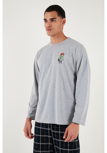 Buratti Ekoseli Regular Fit Yüksek Bel Cepli Bisiklet Yaka Erkek Pijama Takımı 6574002 Gri