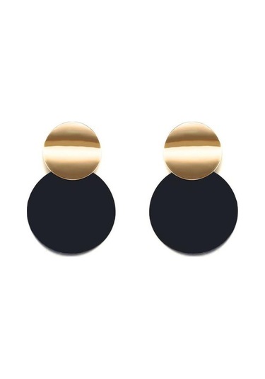 Asimetrik Boyutlu Yuvarlak Metal Mat Fırçalanmış Altın Geometrik Küpe Siyah