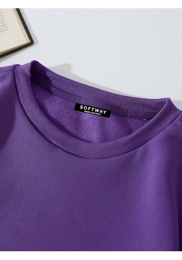 Unisex Oversize Bisiklet Yaka Basic Düz Sweatshirt - Mor