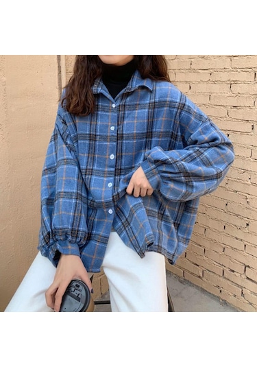 Mavi Kadın Günlük Ekose Uzun Kollu Gömlek Moda Düğmeli Gevşek Hırka Üstleri Mavi