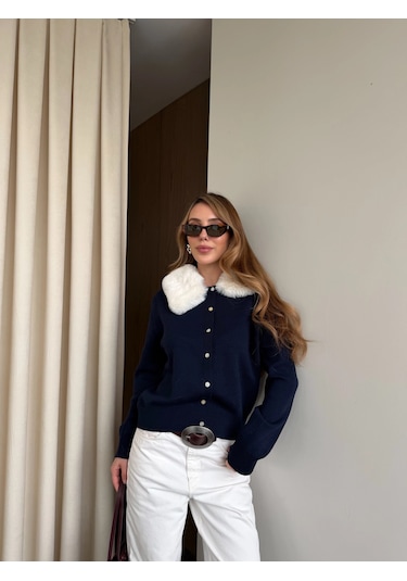 Laluvia Lacivert Yakası Kürklü Hırka - 261002 Lacivert