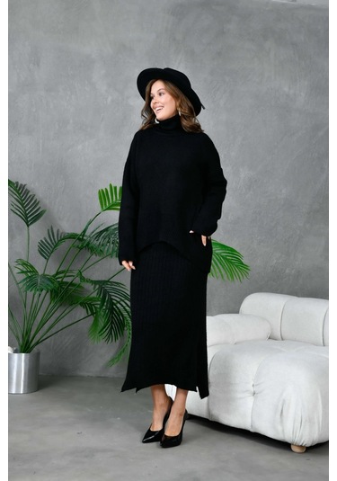 Kadın Balıkçı Yaka Oversize Kazak Uzun Etek İkili Triko Takım Siyah