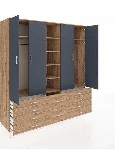 Kronos Dolap 9 Raflı 10 Çekmeceli 2 Askılı 220x59x243 Çam-antrasit/çam Antrasıt/atlas Çam