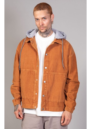Erkek Camel Çıkarılabilir Kapüşonlu Oversize Pamuklu Kadife C... CAMEL