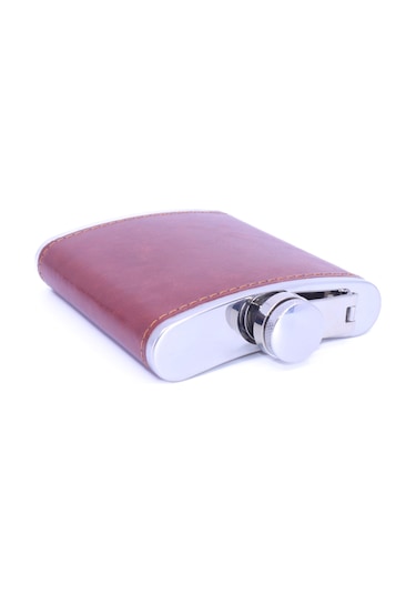 Kahverengi Deri Kaplama Paslanmaz Çelik Cep Matarası - Hip Flask 7 Oz