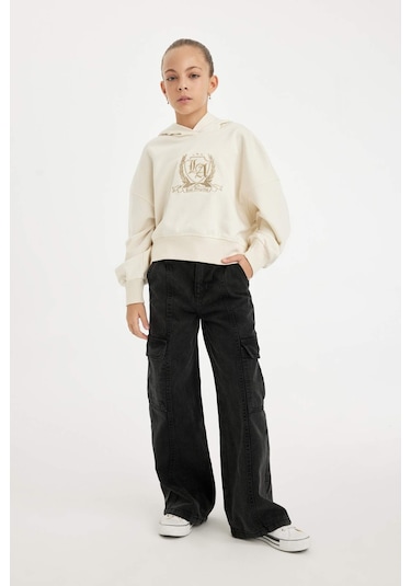 DeFacto Kız Çocuk Ekru Oversize Geniş Kalıp Kapüşonlu İşlemeli Kalın Sweatshirt D2885A824WNER233