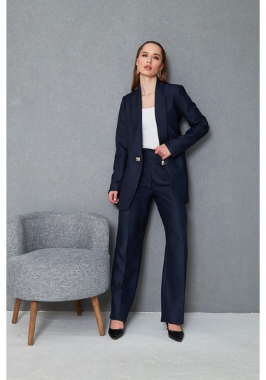 Kare Düğmeli Yünefekt Takım Lacivert Düz Lacivert