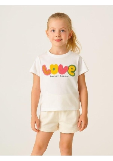Cicihlid Kız Çocuk Pamuklu Punch İşlemeli Love T-shirt-15890 Ekru
