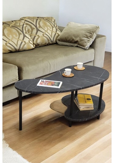 Fasülye Orta Sehpa Ahşap Ayaklı Sehpa Iki Raflı Sehpa Dekoratif Sehpa Gazetelikli - Mermer Mermer