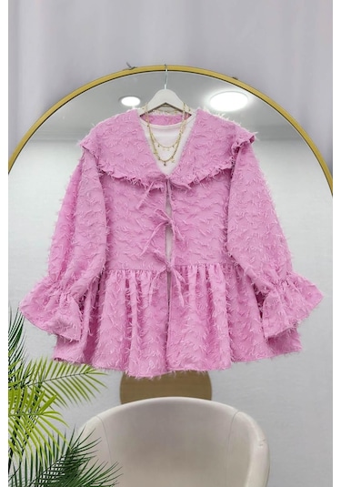 Lovie Moda Kadın Püsküllü Kimono - Pembe