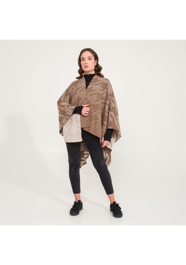 Kaz Ayağı Desen Çift Taraflı Triko Kadın Şal Panço-Kahverengi-140X140 Kahverengi