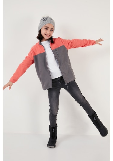Lela Yumuşak Dokulu Fermuarlı Renk Bloklu Dik Yaka Cepli Hırka Unisex Çocuk Polar 5905001 Somon-Gri