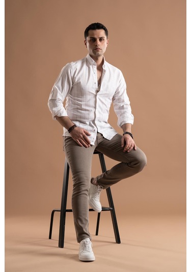 Evrytime Slimfit Pamuklu Çizgili Yaka Düğmeli Uzun Kol Erkek Yazlık Gömlek 001