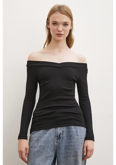 Kayık Yaka Bluz Siyah Siyah