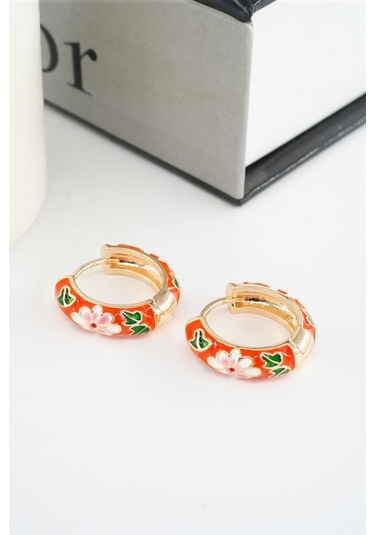 Kadın Özel Seri Mineli Çiçek Motifli Kararmaz 2 Cm Halka Küpe Seti - Turuncu