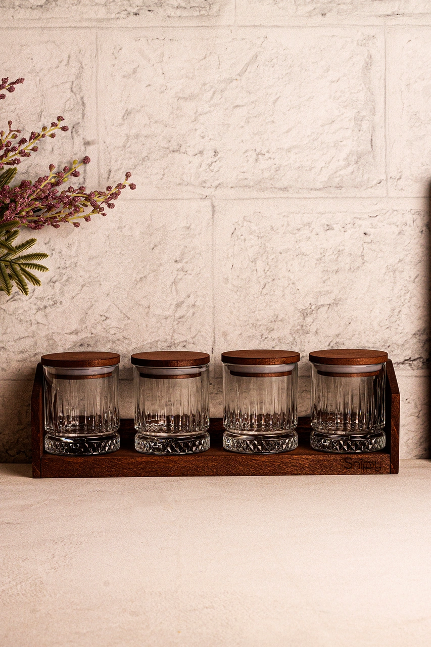 Mira Küçük - Standlı 4'lü Vakumlu Ahşap Kapaklı Cam Baharatlık Takımı Saklama Kabı Seti 210 Ml Ahşap