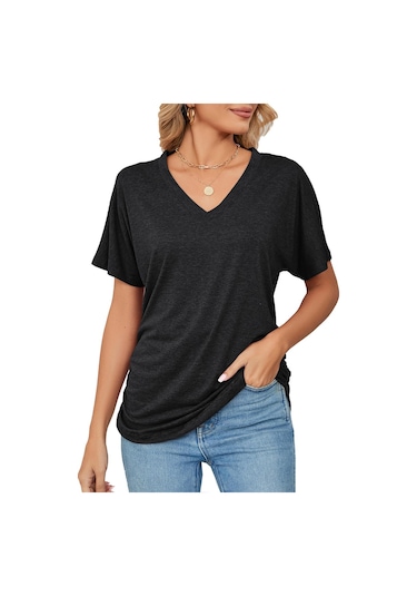 Siyah Hnxc Kadın Moda Günlük Yaz Düz Renk Baskı Kısa Kollu V Yaka Bluzlar Ve Gömlekler Siyah
