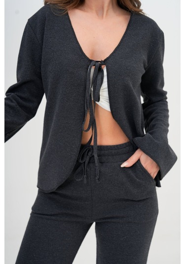 Kadın Antrasit Gri Tam Kalıp Ceket Önden Bağlamalı İspanyol Kol Ceket Antrasit