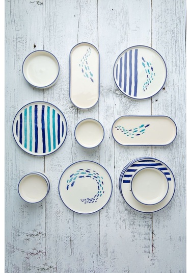 Kevin Seramik Marin Serisi 14 Parça 6 Kişilik Kahvaltı Takımı Beyaz - Mavi