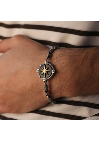 Fkgümüş 925 Ayar Gümüş Oniks Taşlı Pusula Erkek Bilekik Gümüş