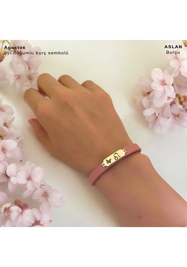 Archin Ağustos Ayı Doğumlarına 14 Ayar Altın Plakalı Koyu Pembe Derili Kelebek Motifli Bileklik-654ay Ağustos