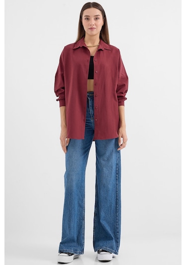 Bigdart 3900 Oversize Uzun Basic Gömlek - Mürdüm 001