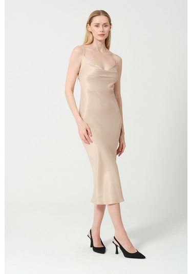 Degaje Döküm Saten Midi Elbise Multi Bej