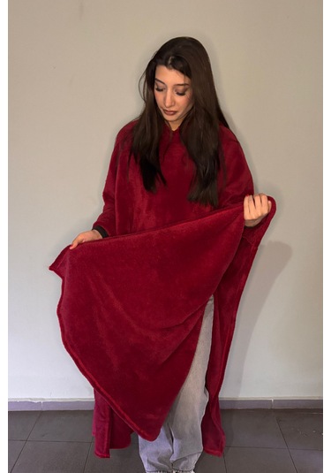 Giyilebilir Hoodie Battaniye Rahat Kalıp Tek Beden Kırmızı