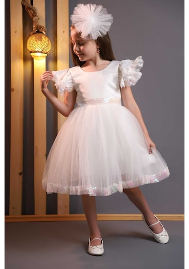 Kız Çocuk Tül Beyaz Pembe Kırmızı Tokalı Prenses Doğum Günü Bayram Abiye Mezuniyet Şık Elbise Beyaz