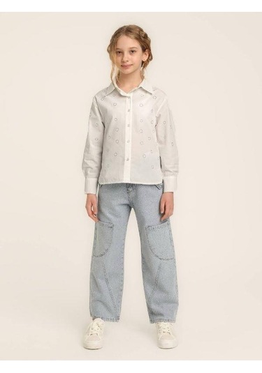 Kız Çocuk Pamuklu Uzun Kollu Taşlı Gömlek-15670 Beyaz